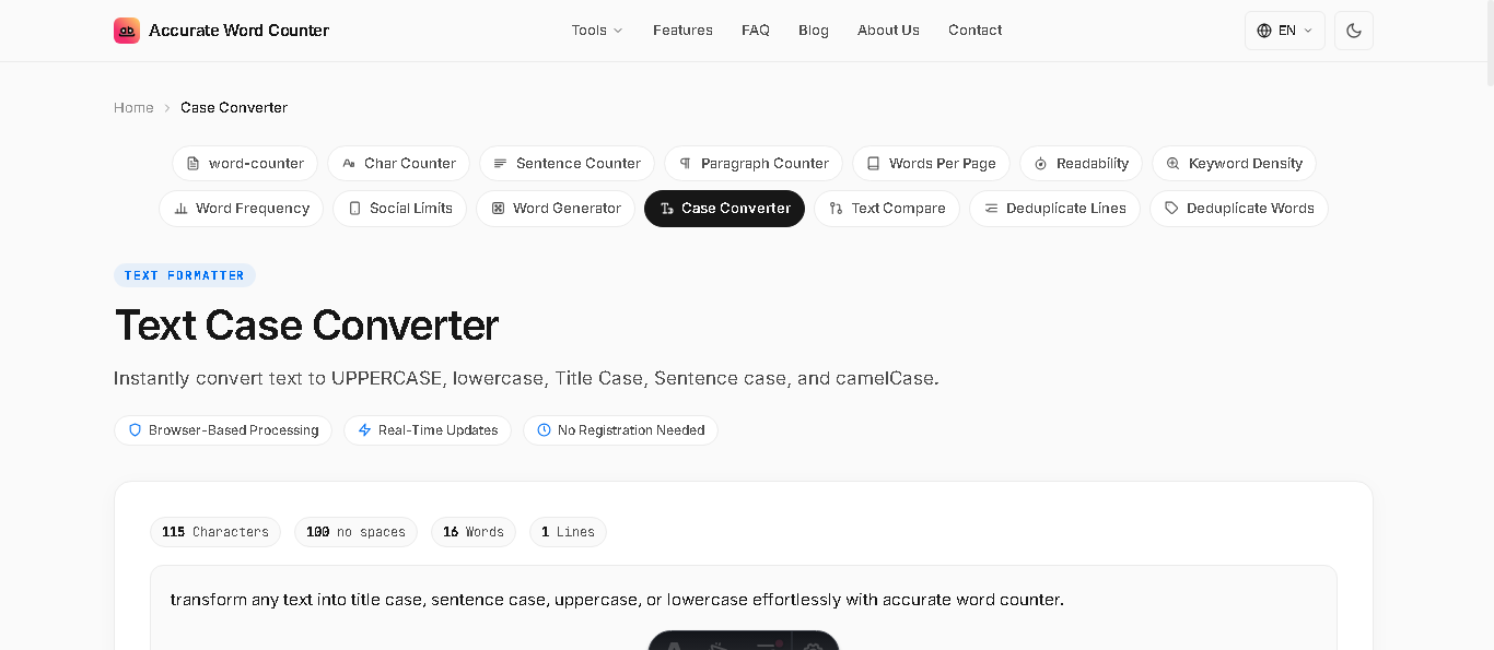 Accurate Case Converter interface showing title case, sentence case, uppercase, and lowercase conversion buttons