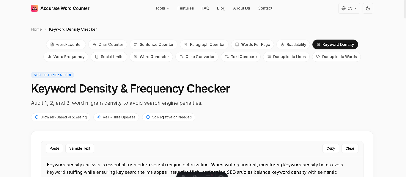 Accurate Keyword Density & Frequency Checker interface analyzing single words, 2-word, and 3-word n-gram occurrences