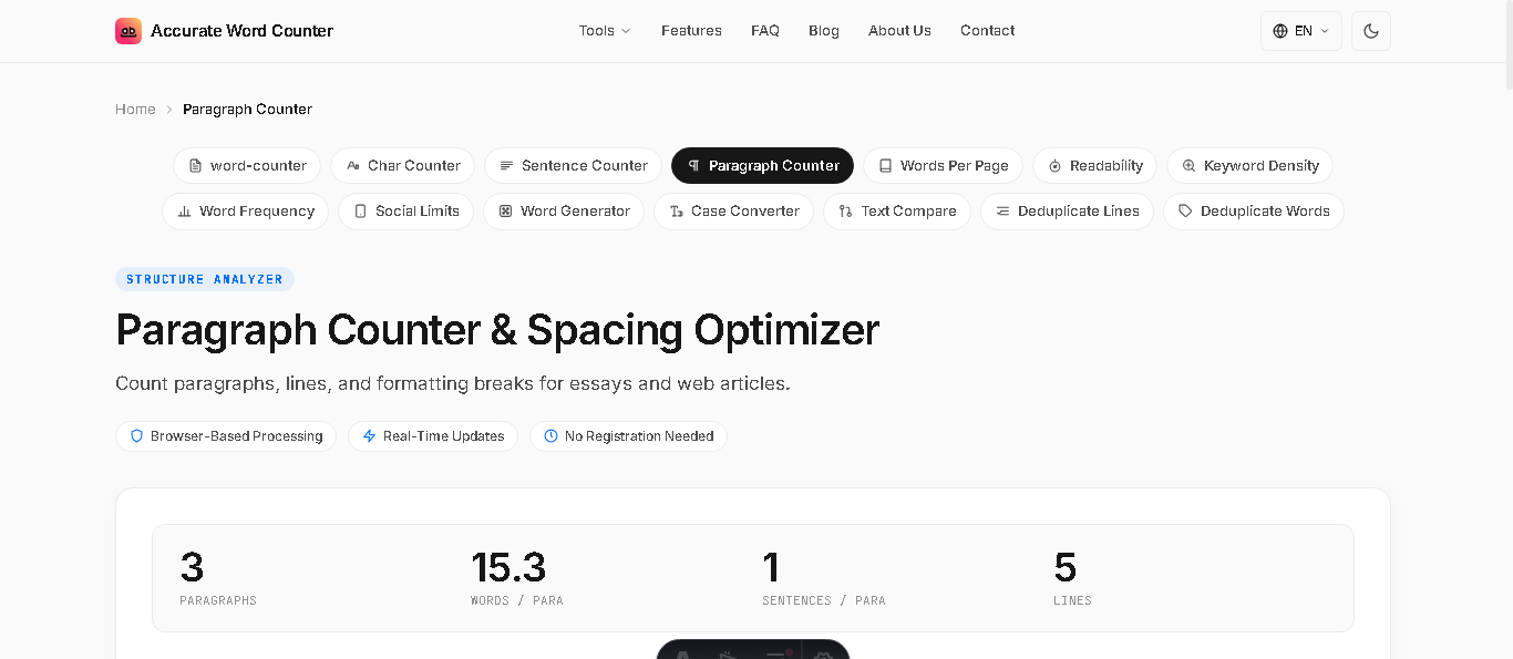 Accurate Paragraph Counter and Spacing Optimizer interface analyzing paragraph counts, average sentence density, and line spacing