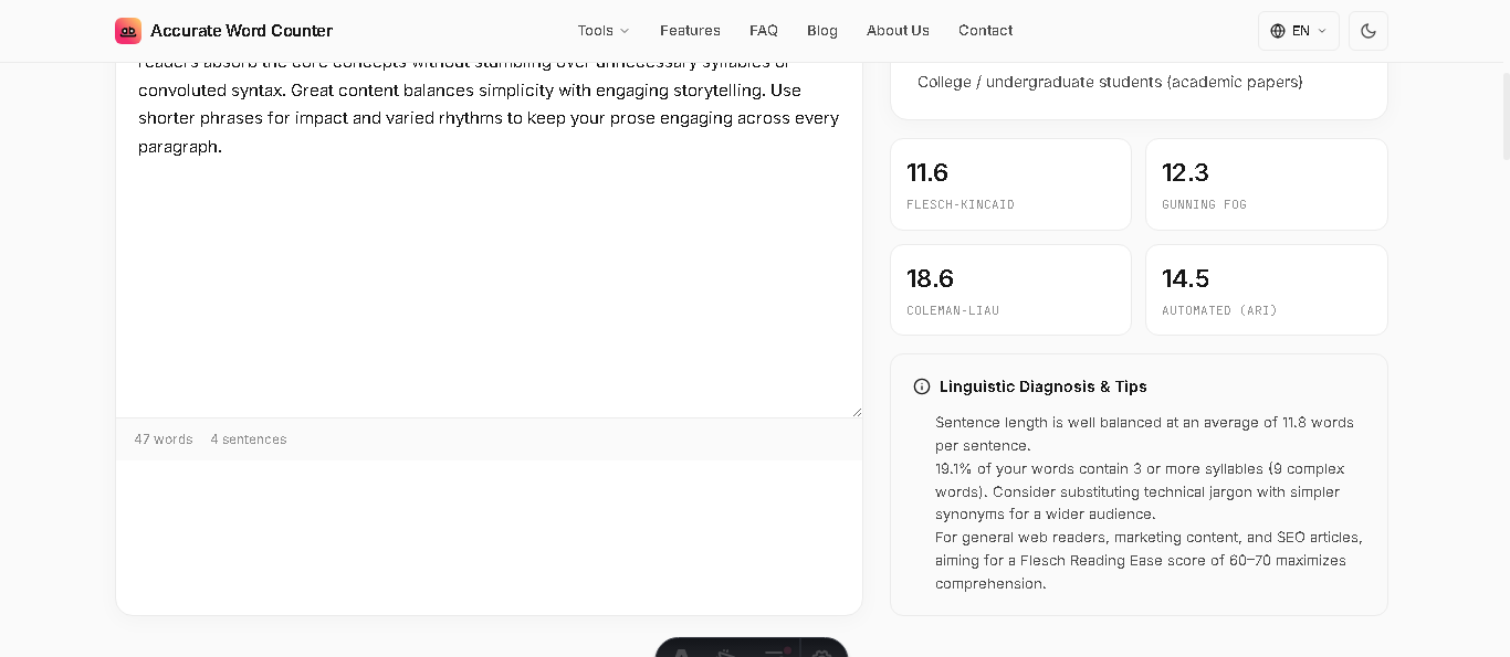 Accurate Readability Checker tool showing Flesch Reading Ease score meter, grade level, and reading metrics