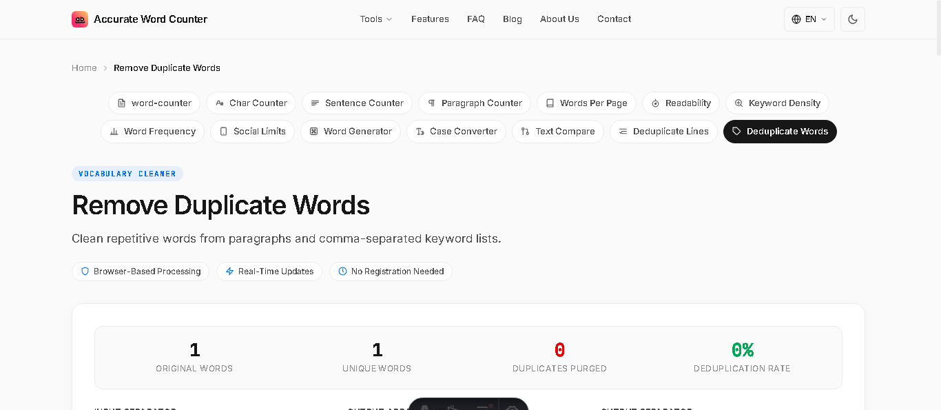 Accurate Remove Duplicate Words and Lines interface showing duplicate removal statistics, separator options, and sort toggles