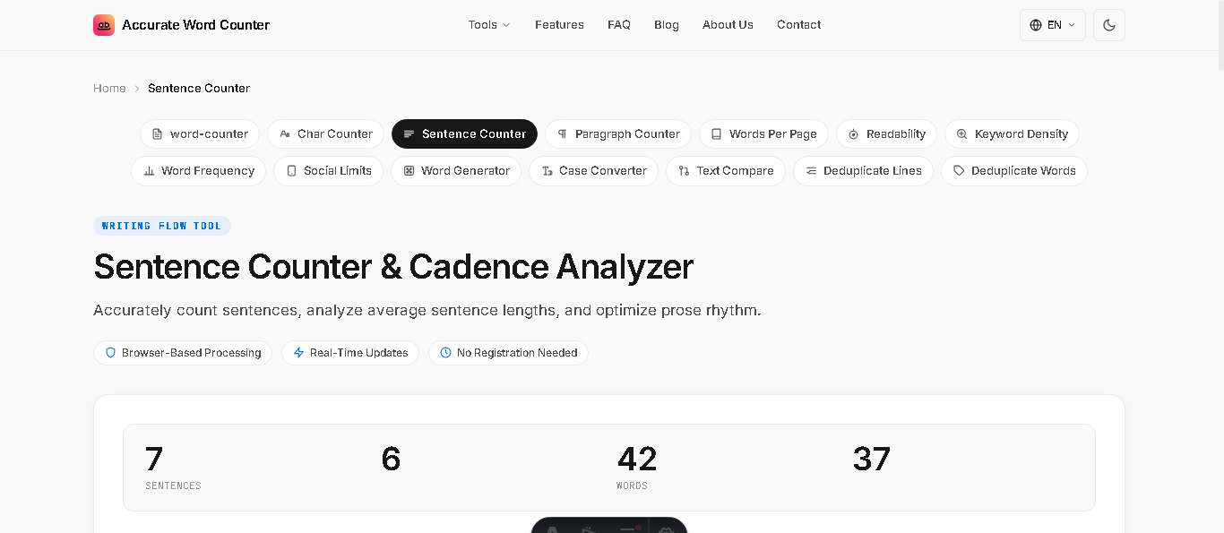 Accurate Sentence Counter and Cadence Analyzer interface showing sentence count, average sentence length, and cadence distribution
