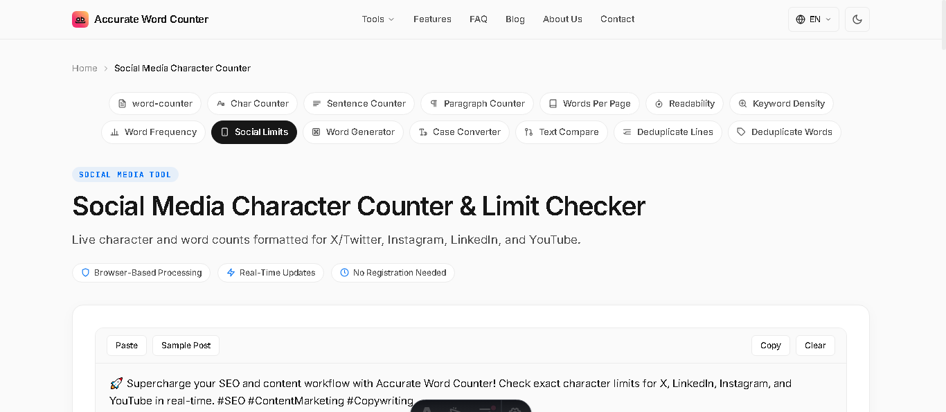 Accurate Social Media Character Counter interface showing real-time live limit bars for Twitter, LinkedIn, Instagram, and SMS