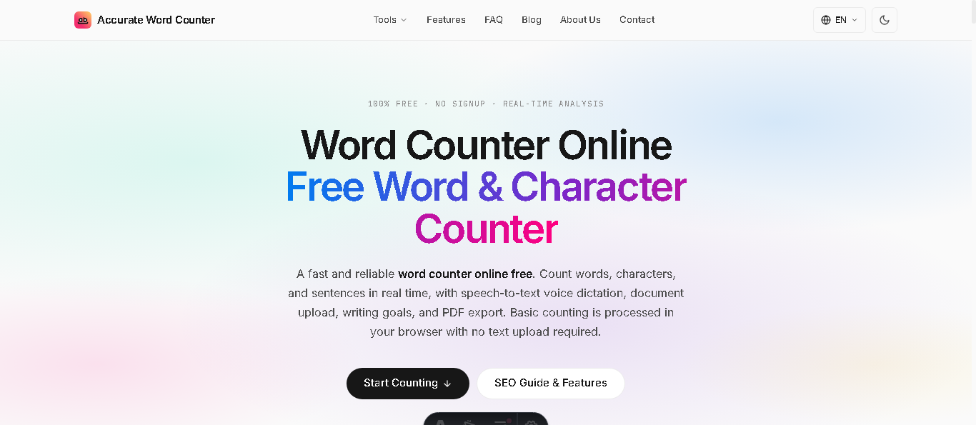 Accurate Word Counter interactive writing suite displaying live character counts, reading time, and speaking estimates