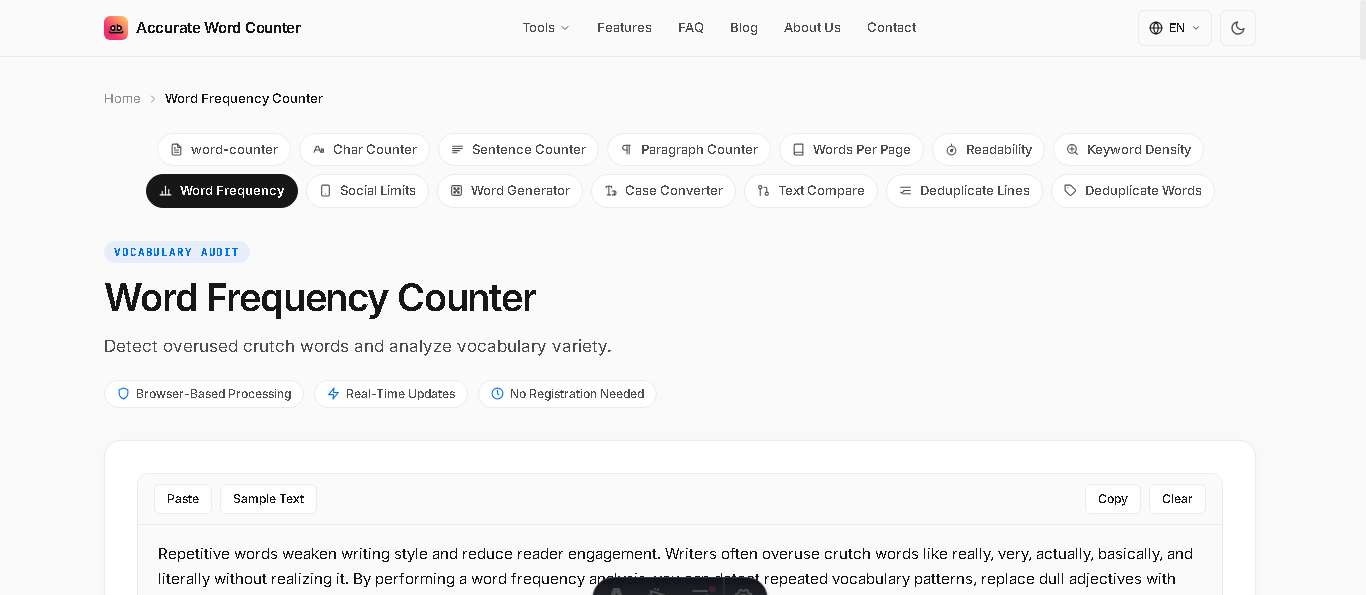 Accurate Word Frequency Counter interface displaying word frequency counts, percentages, and stop word filters