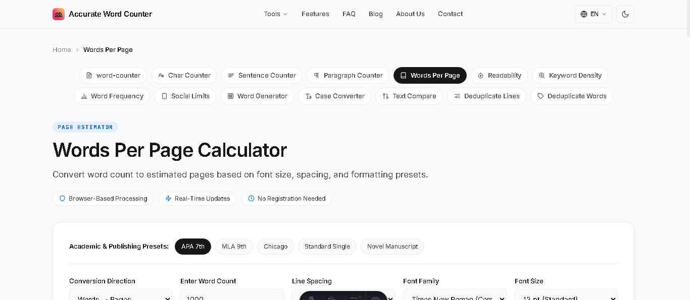 Accurate Words Per Page Calculator interface showing word counts, page conversions, and line spacing settings